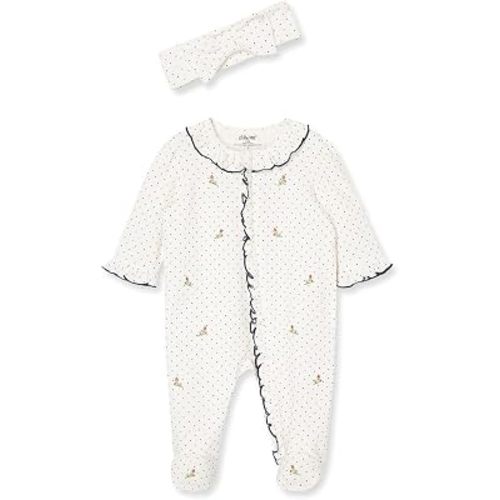 Little Me Clothes for Baby Girls 100% Cotton 2Pc Zipper Closure Footie and Headband Set, Baby Essentials