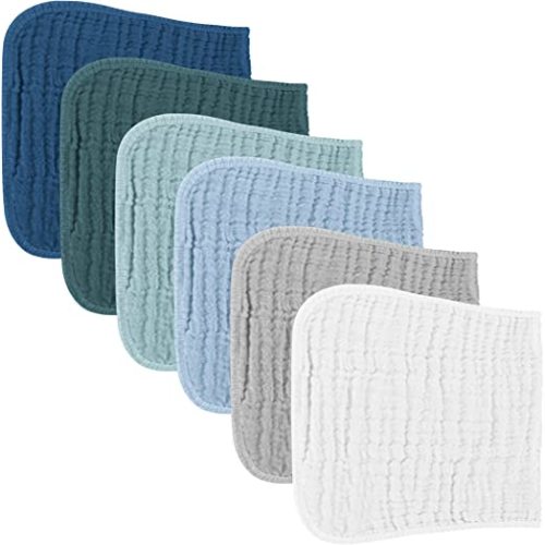 Konssy Muslin Baby Burp Cloths Sets for Unisex- 6 Pack Large 100% Cotton Burping Clothes for Newborn，Baby Girls and Boys - Blue Color