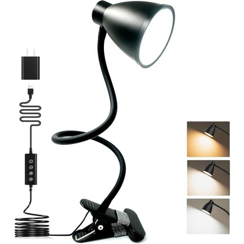 BOHON Desk Lamp 5 Color Modes 10 Brightness Dimmer Reading Light 10W 38 LED Clamp Lamp with Auto Off Timer 360° Flexible Neck Clip on Light for Bed Bedside, AC Adapter Include
