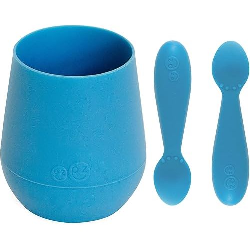 ezpz Tiny Cup (Blue) + Tiny Spoon (2 Pack in Blue) - baby essentials, cup and spoon