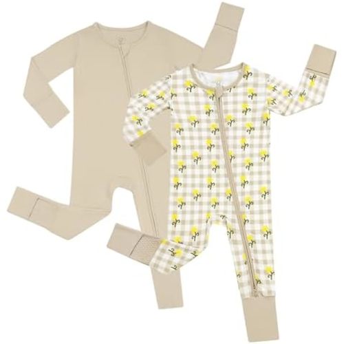 JunNeng 2Pcs Baby Girl Viscose from Bamboo Sleeper with Mitten Cuffs, 2 Way Zipper Romper, Sleep N' Play Pjs 0-18 Months