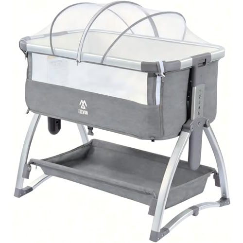 Elevon Bedside Bassinet, 4-in-1 Baby Bedside Sleeper with Rocking Mode, Breathable Mesh, Built-in Wheels, Adjustable 7 Heights, Portable Infant Bassinet with Mattress and Storage