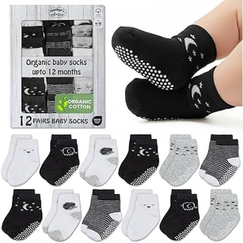 Mother's Choice Organic Cotton Baby Socks 6-12 Months - 12 pairs Soft and Cozy Girls and Boys Sock, Gentle Newborn Socks, Ideal For Baby Registry Infant Footwear and Little Feet Comfort