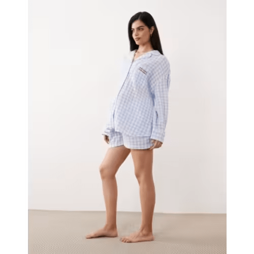 ASOS DESIGN Maternity cotton gauze embroidered long sleeve shirt & shorts pajama set in blue gingham print