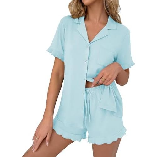Ekouaer Pajamas Set for Women Button Down Pjs Lounge Sets Ruffle Sleepwear