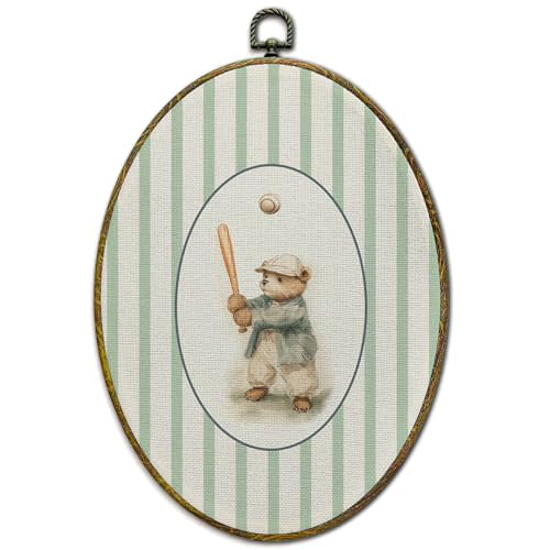 XFCICRLJ Vintage Baby Boy Nursery Baseball Bear Wall Art Decor, Sports Oval Canvas Prints Framed, Toddler Boy Room Decor Decorations for Kids Nursery Bathroom Home Bedroom Room Decor, 11x8.5 Inch