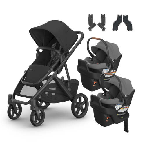 UPPAbaby Vista V3 From Birth Twin Mode Travel System (Stroller + 2 Aria Infant Car Seats + Adapters) - Jake / Greyson