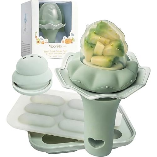 Moonkie Baby Fruit Feeder with Freezer Tray, BPA Free Silicone Food Feeder for Infant Self Feeding, Breastmilk Popsicle Molds, Mesh Feeder with Two Pouches, Baby Shower Gifts 4 Months+, 1 Pack