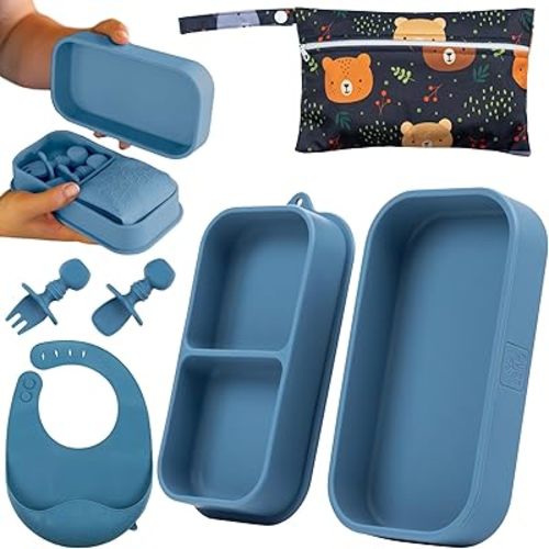 Travel Silicone Baby Feeding Essentials – Portable Toddler Plates with Suction, Soft Baby Spoon & Fork, Lightweight Foldable Silicone Bib & Waterproof Storage Bag – 6 Piece Set (dark blue)