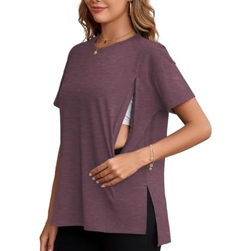 Ecavus Women's Oversized Nursing Shirts for Breastfeeding with Hidden Zipper Short Sleeves Side Splits Maternity Tops