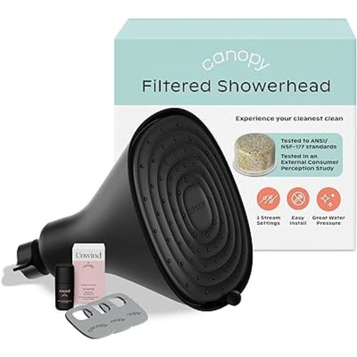 Canopy Filtered Shower Head - High Pressure Shower Head Filter for Hard Water - Shower Filter To Remove Impurities for Healthier Scalp, Skin & Hair - Reduce Dry Skin & Breakage - Black Shower Head