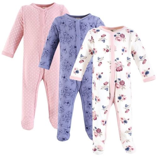 Hudson Baby Infant Girls Cotton Sleep and Play 3-Pack, Dusty Rose Floral, 6-9 Months