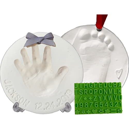 Baby Handprint Footprint Keepsake Ornament Kit (Makes 2) - Bonus Stencil for Personalized Christmas, Newborn, New Mom & Shower Gifts. 2 Easels! Non-Toxic Clay, Air-Dries Light & Soft, Won't Crack.