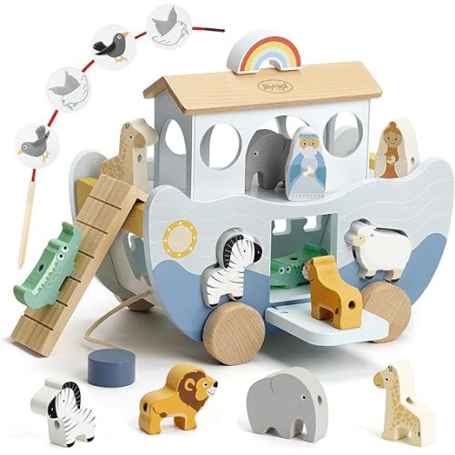 Joyreal Wooden Noah's Ark Toy for 1 Year Old Baby Boy and Girl Baptism Gift | Neutral Color, Montessori Educational Toy, Animal Shape Sorter, Christian Toys for Toddler 1-3, Christmas Birthday Gift