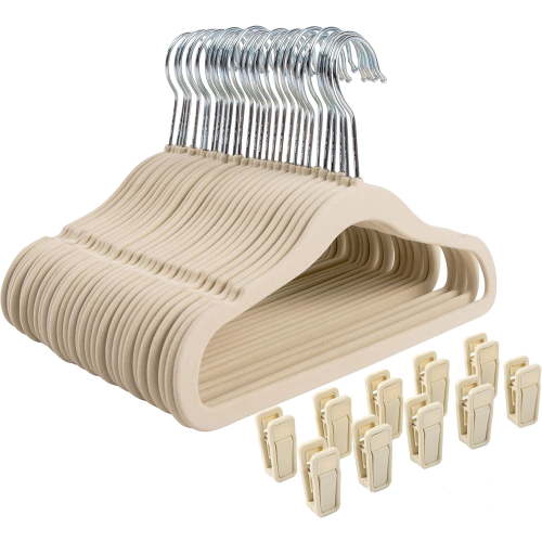 Non-Slip Clothes Hanger for Baby and Kids 30-Pack Velvet Hangers with 10 Finger Clips,Beige