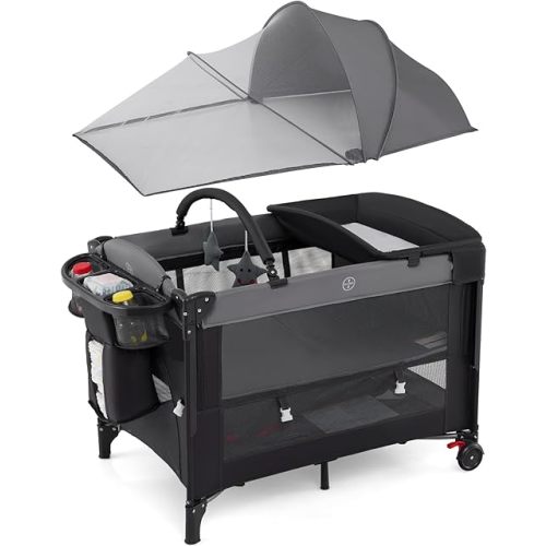 HONEY JOY Pack and Play, 5 in 1 Baby Bedside Sleeper with Bassinet, Removable Canopy, Diaper Changer, Side Zipper, Adjustable Height, Portable Baby Crib Playard from Newborn to Toddlers (Gray)