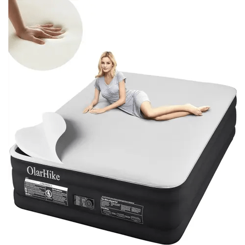OlarHike Signature Collection Queen Air Mattress with Built in Pump,18” Luxury Air Mattress with Silk Foam Topper for Camping, Home & Guests, Durable Fast & Easy Inflation/Deflation Airbed Black