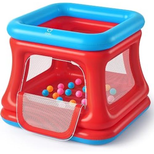 QPAU 3-in-1 Inflatable Bounce House with Pump for Toddlers 1-3 | Ball Pit & Trampoline, Safety Net, Indoor & Outdoor Bubble Bouncer, Blue & Red
