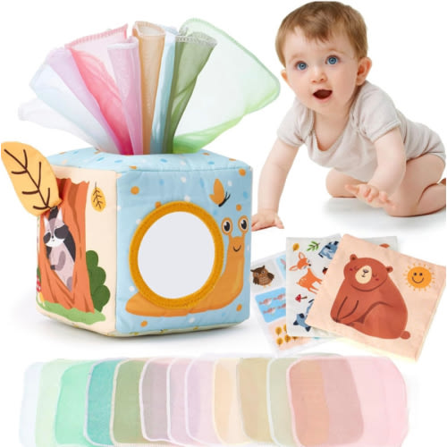 hahaland Baby Tissue Box Toy - Baby Toys 6-12 Months Montessori Toys for 6 Month Old Must Haves Valentines Day Baby Gifts Easter Basket Stuffers 6 9 12 18 Months Old Sensory Pulling Play Scarf Toy