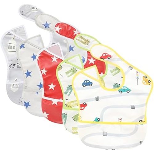TSD Baby Bibs Waterproof Feeding Bibs 5pack Adjustable Mealtime Poctet Bib for Newborn Toddler Infant Easy Clean Durable Baby Essentials Shower Gift