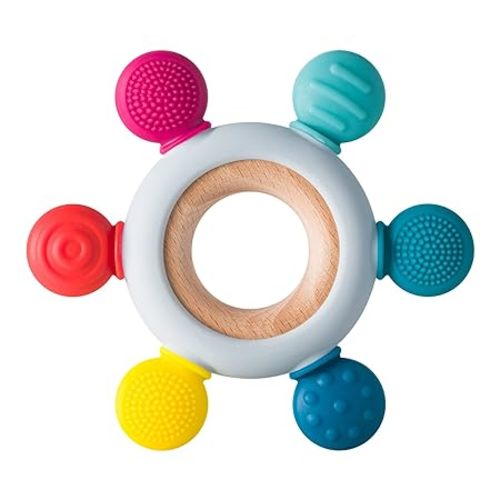 Baby Teething Toys Silicone Teethers BPA Free Silicone Rudder with Wooden Ring Soothe Babies Gums (Rainbow)