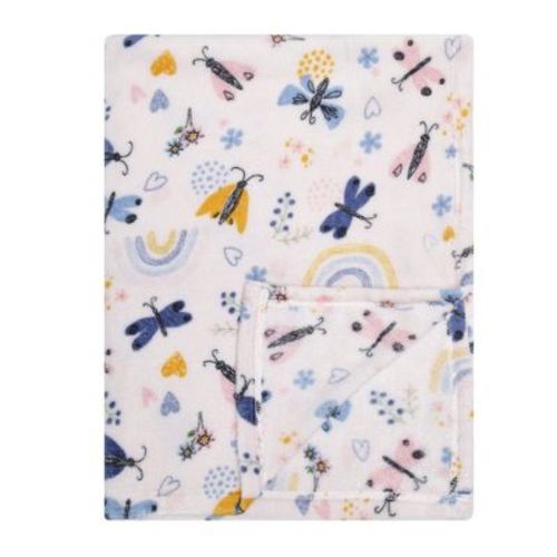 Everyday Kids Baby Plush Blanket, Soft Butterfly and Rainbow Print, White, 30x40