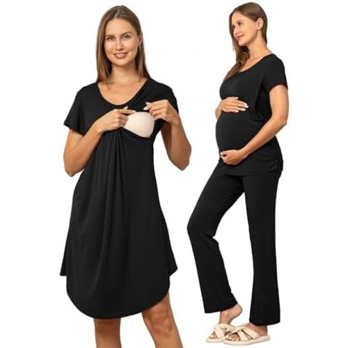 SUNNYBUY Women 3 PCS Maternity Nursing Nightgown Dress & Short Sleeve Breastfeeding Top & Pregnancy Pants Sleepwear Set