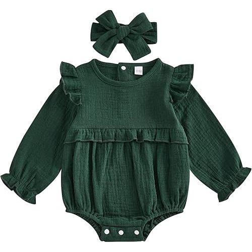 Newborn Infant Baby Girl Clothes Cotton Linen Long Sleeve Smocked Bubble Romper Ruffle Bodysuit Jumpsuit Fall Outfit