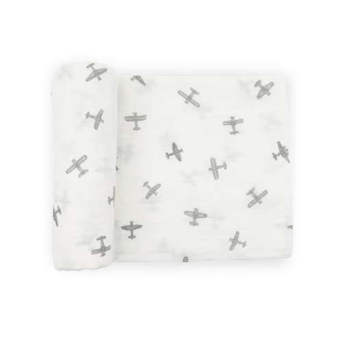 Organic Cotton Muslin Swaddle Blanket - Pewter Planes
