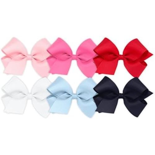 Wee Ones Girls' 6 Piece Set of Bows, Solid Grosgrain Variety Pack on a WeeStay No-Slip Hair Clip, Medium, White, Millennium Blue, Navy, Light Pink, Hot Pink, Red