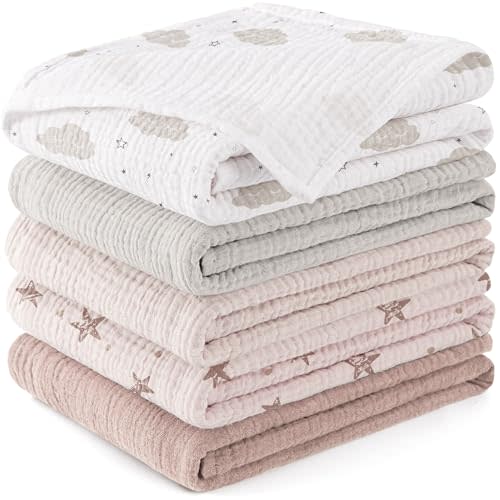 Susurration Muslin Burp Cloths Baby Washcloths 100% Cotton Burp Cloths Baby Girl 5 Pack, Absorbent and Soft Cloth Diapers 23.6 * 23.6 inch, Baby Girl Newborn Essentials-Pink Star