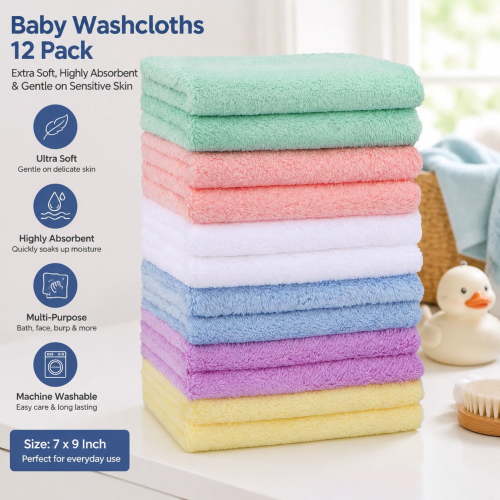 Baby Washcloths 12 Pack - Microfiber Coral Fleece Baby Bath Face Towels 7x9 Inch, Extra Soft and Absorbent Burp Cloths for Newborns, Infants, and Toddlers, Gentle on Sensitive Skin