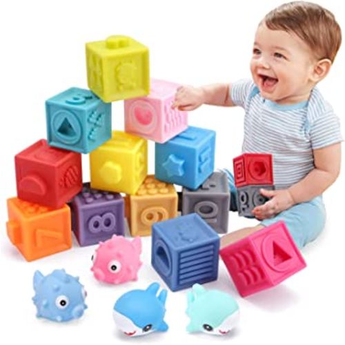 OWNONE 1 Baby Soft Blocks, 16PCS Stacking Building Blocks, Teething & Squeezing Toys for Babies, Cube Blocks with Numbers Animals Fruits, Soft Toys for Babies Infants Toddlers Age 6 to 12 Months Up