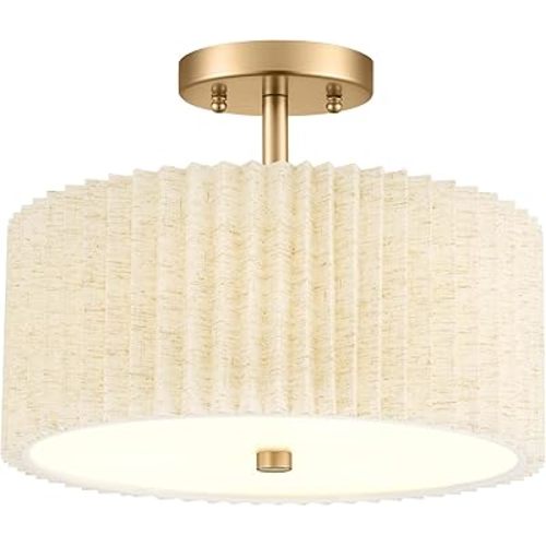 Gold Semi Flush Mount Ceiling Lights, 3-Light 12.5" Light Fixtures Ceiling Mount with Pleated Linen Fabric Shade, Drum Lighting Fixture for Hallway Nursery Bedroom Kitchen, AD-25036-3SF-GD-B
