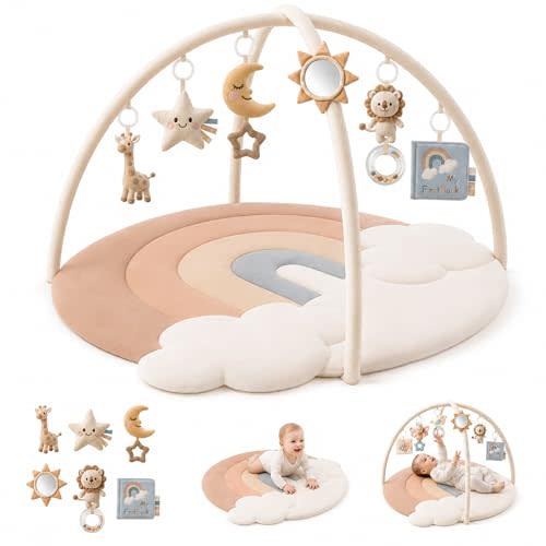 KONSSY Baby Play Gym & Activity Mat, Rainbow Cloud Baby Play Mat for Floor | Tummy Time Mat with 6 Detachable Sensory Toys, Cotton Surface, Anti-Slip Bottom, Newborn Infant Playmat Gift (Oat Rainbow)