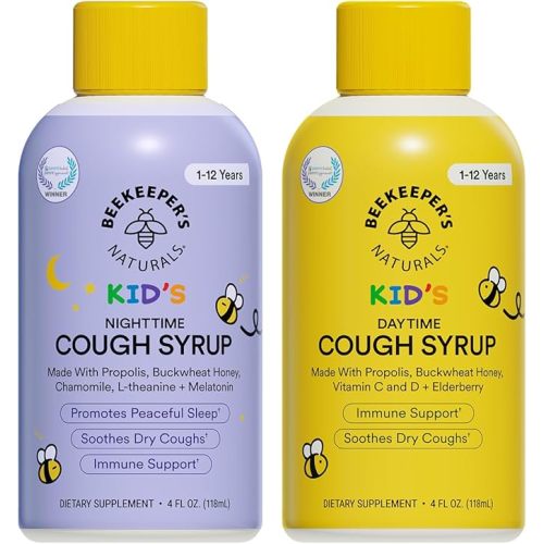 Beekeeper's Naturals Kids Honey Cough Syrup – Day & Night Value Pack – Immune Support with Elderberry, Vitamin C, D, Propolis & Raw Honey – Soothing, Clean Ingredients – Two Pack, 2 x 4 fl oz