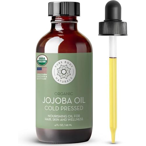 Pure Body Naturals Organic Jojoba Oil, 4 Fl Oz - 100% Pure, Organic, USA-Sourced, Cold Pressed Jojoba Oil for Skin, Face, Nails and Hair - Carrier Oil for Mixing Essential Oils