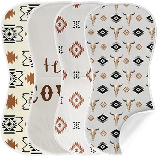 4 Pack Western Baby Burp Cloths Soft Absorbent Spit up Rags Cowboy Burp Cloths Burping Rag for Boy Newborn Gifts Aztec Nursery Decor, 19 x 9 Inches