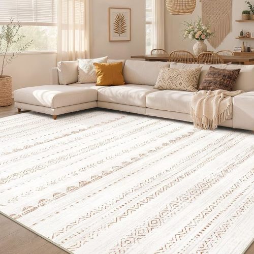 Nakagishi Area Rug Living Room Rugs: 8x10 Large Soft Machine Washable Boho Moroccan FarmNeutral Stain Resistant Indoor Floor Carpet for Bedroom Under Dining Table Home Office Decor-Cream Brown