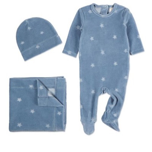 MiniMoi 3 Piece Baby Boys "Velvet Star" Cotton Rich Velour Footie Set Blue NB