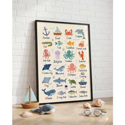 Ocean Alphabet Poster, Sea Creatures Wall Art, Under The Sea Nursery, Educational ABC Print, Kids Ocean Decor, New Baby Gift