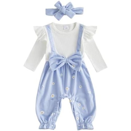 Newborn Baby Girl Fall Clothes Corduroy Floral Bow Onesie Jumpsuits Ruffle Long Sleeve Outfit Infant Cute Romper