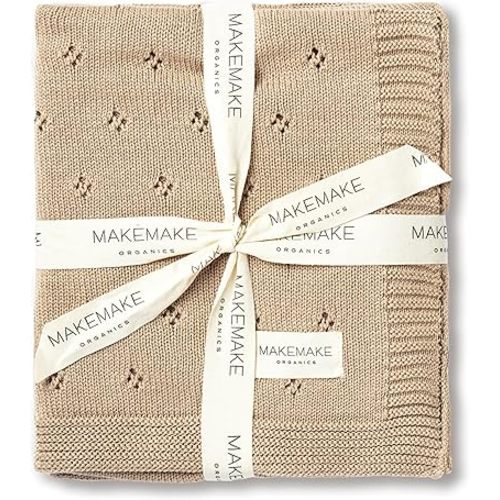 MakeMake Organics Organic Cotton Baby Blanket GOTS Certified - Breathable Pointelle Knit Unisex Newborn Stroller Blanket (30x40, Sand)