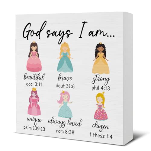God Says I Am Princess Sign Positive Affirmation Wooden Sign Christian Inspirational Gifts for Kids Teen Girl Room Bedroom Dorm Home Shelf Bible Verse Decor 5 X 5 Inches