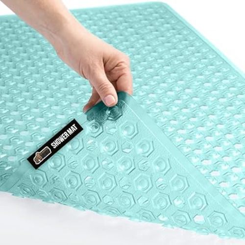 GORILLA GRIP Patented Bath Tub Shower Mat, Machine Washable Bathtub Floor Liner Mats, Suction Cups and Drain Holes to Keep Tubs Clean, Soft on Feet, Bathroom Essentials, 35x16 Inch, Clear Green