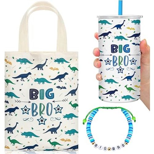 3 Pcs Big Brother Gift for Boy 12 oz Big Brother Cup Blue Stainless Steel Mug Vacuum Insulated Tumbler with Leakproof Lid and Straw Canvas Tote Bag and Bracelet for Little Boys