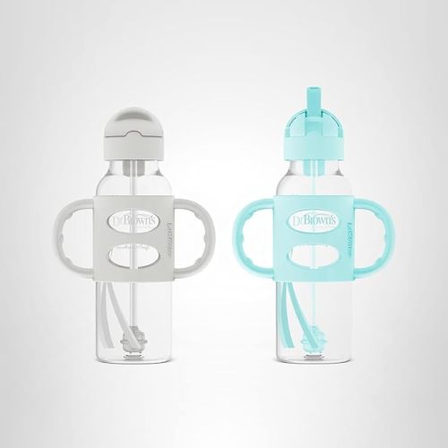 Dr. Brown's Milestones Narrow Sippy Straw Bottle, Spill-Proof with 100% Silicone Handles and Weighted Straw, 8 oz/250 mL, Gray & Green, 6m+