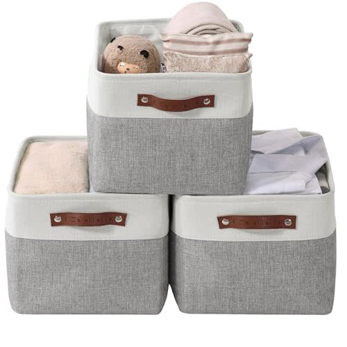 DECOMOMO Storage Baskets for Shelves - Fabric Storage Bins, Linen Closet Organizers and Storage (Grey & White, Large - 3 Pack)