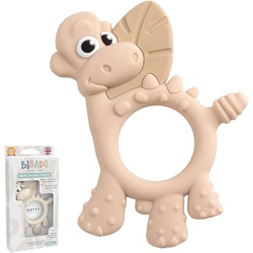 Bibado - Dotty the Dinosaur Teething Toys, Fawn - Multi-Sensory Teether - BPA Free Baby Toy - Strengthen Mouth Muscles & Learn Feeding - Dentist Approved - Baby Essentials & Baby Toys - 3 Months+