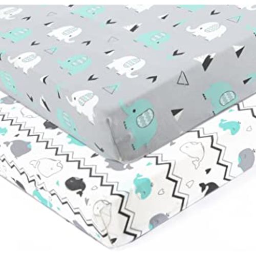 Stretchy Fitted Crib Sheets Set BROLEX 2 Pack Portable Crib Mattress Topper for Baby Boys Girls,Ultra Soft Jersey,Full Standard,Elephant & Whale